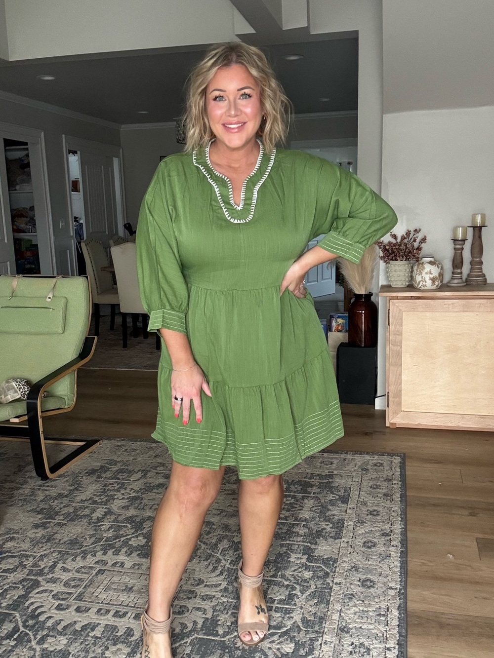 Green Embroidered V-Neck Tiered Dress